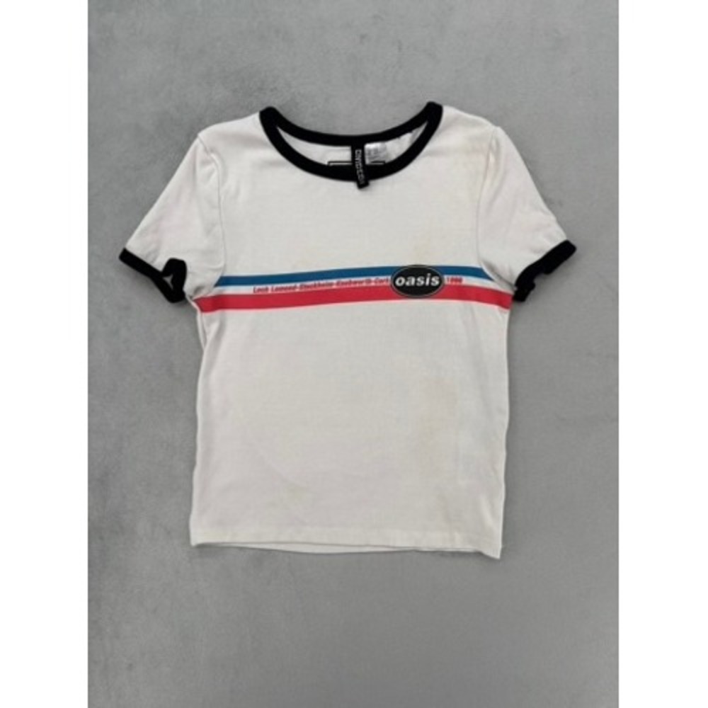 Oasis Ringer Tee Women XXS White Band Graphic 90s Style Shirt
